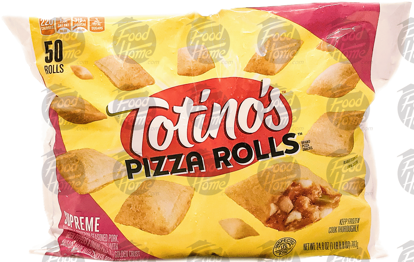 Totino's Pizza Rolls supreme pizza rolls. sausage & pepperoni seasoned pork, green peppers, chicken, frozen bag, 50 ct. Full-Size Picture